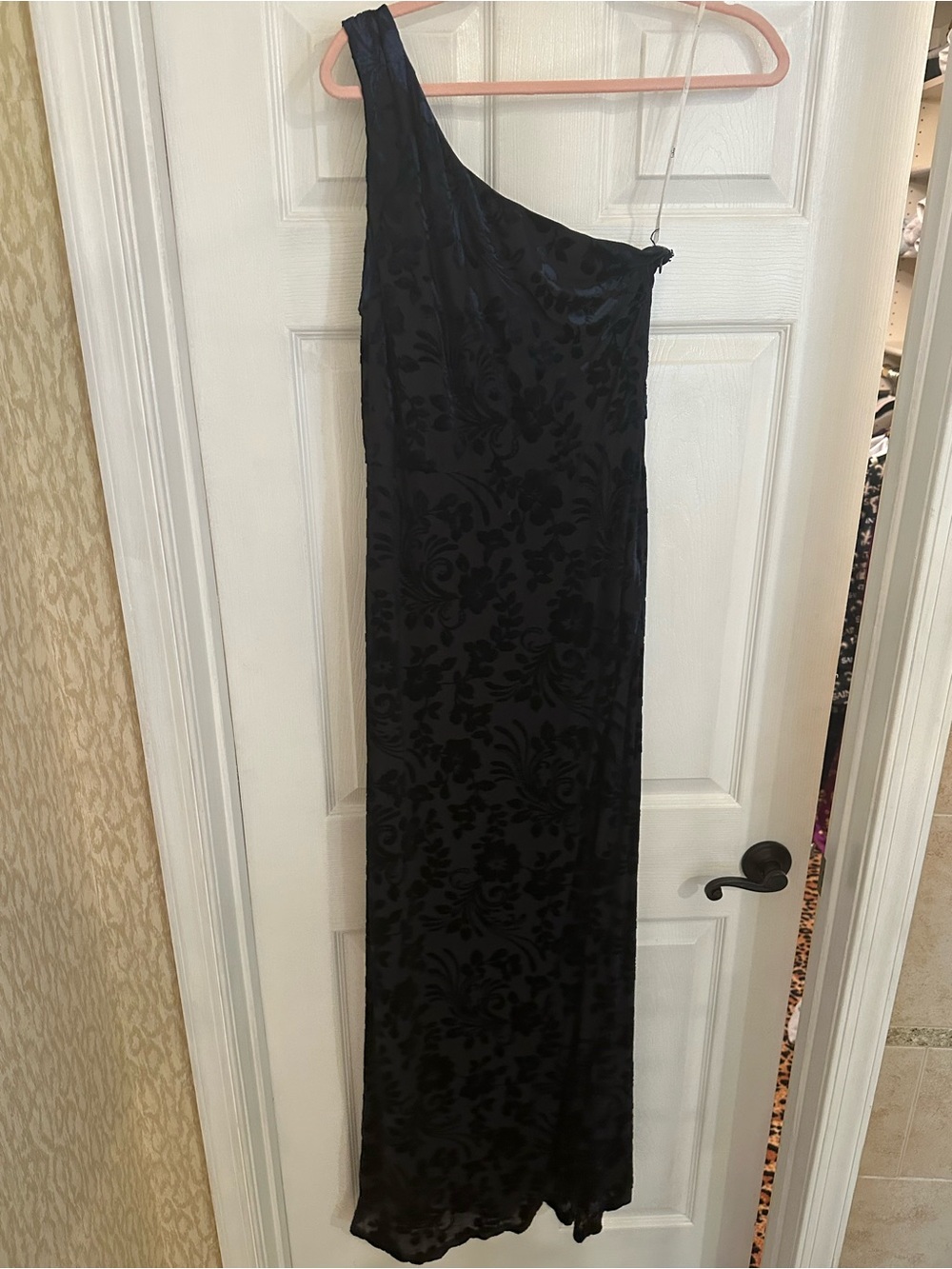 Lulu's Navy Blue One-Shoulder Velvet Burnout Maxi Dress
